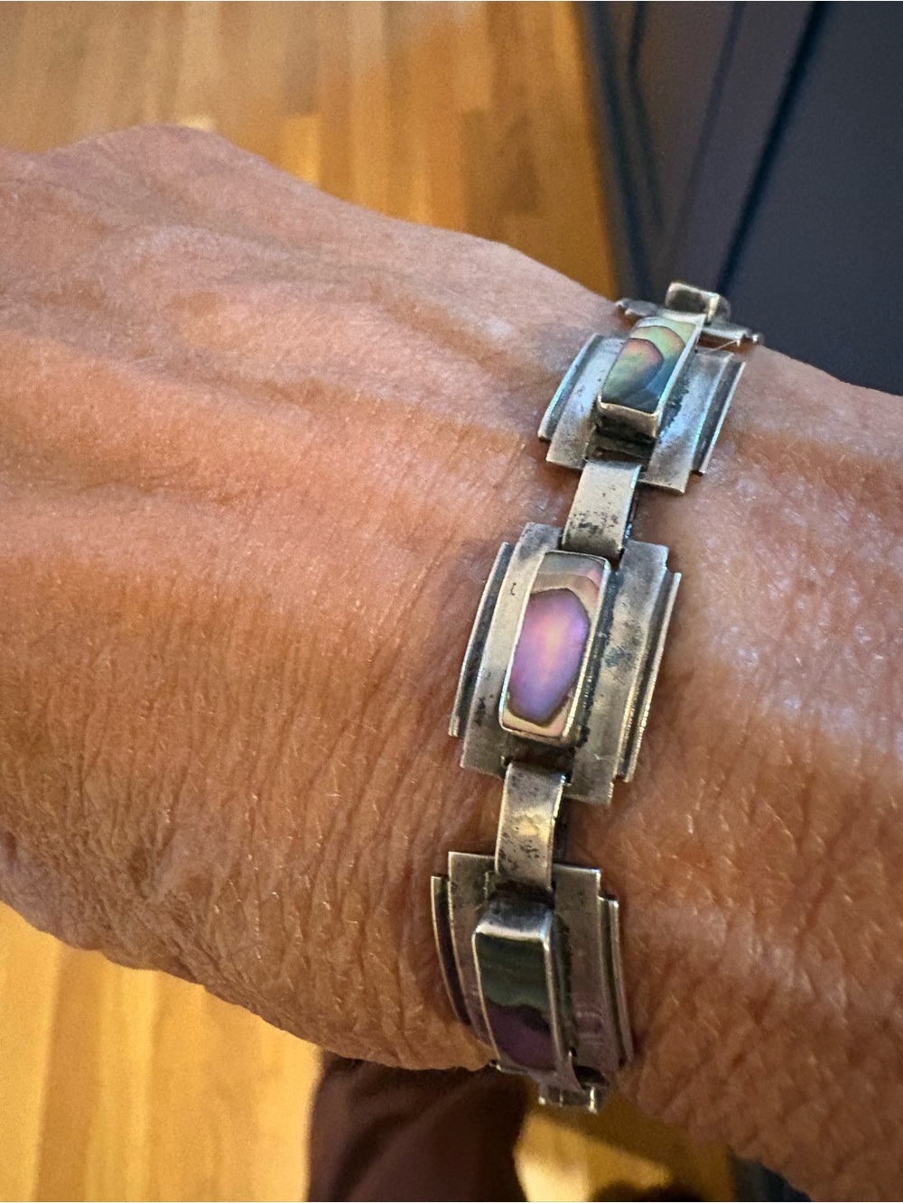 Vintage Taxco Sterling Silver Abalone Linked Bracelet by Navarez. Old Eagle Mark